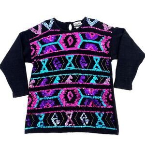 Vintage 80s Sequined Sweater Womens Sz M‎ Black Holiday Christmas Glam Occasion